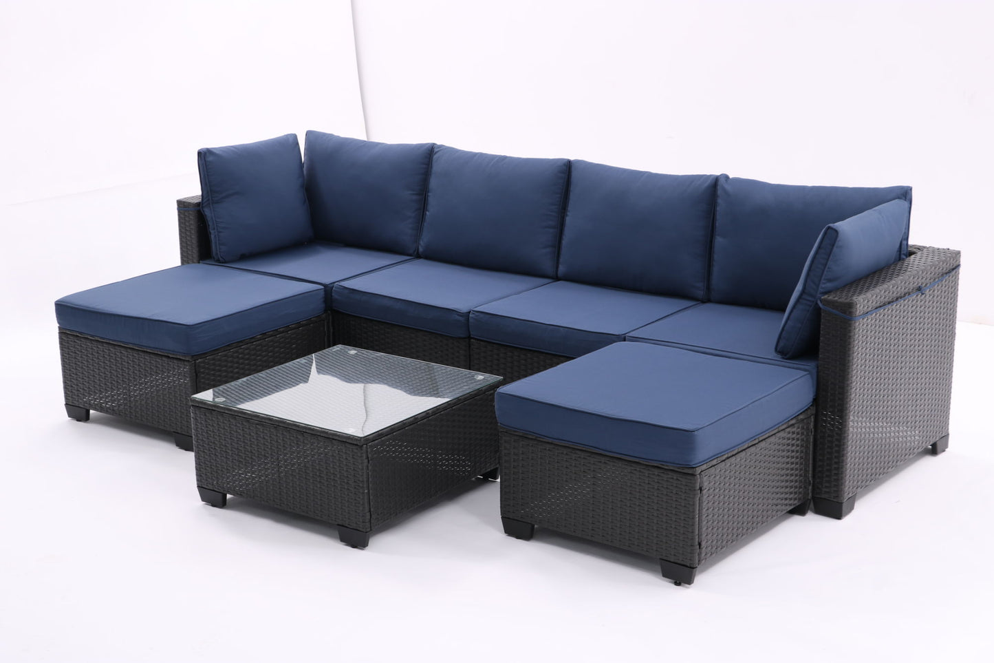 All-Weather Sectional Conversation Sofa with Corner Chairs, Ottomans, and Glass Top Table