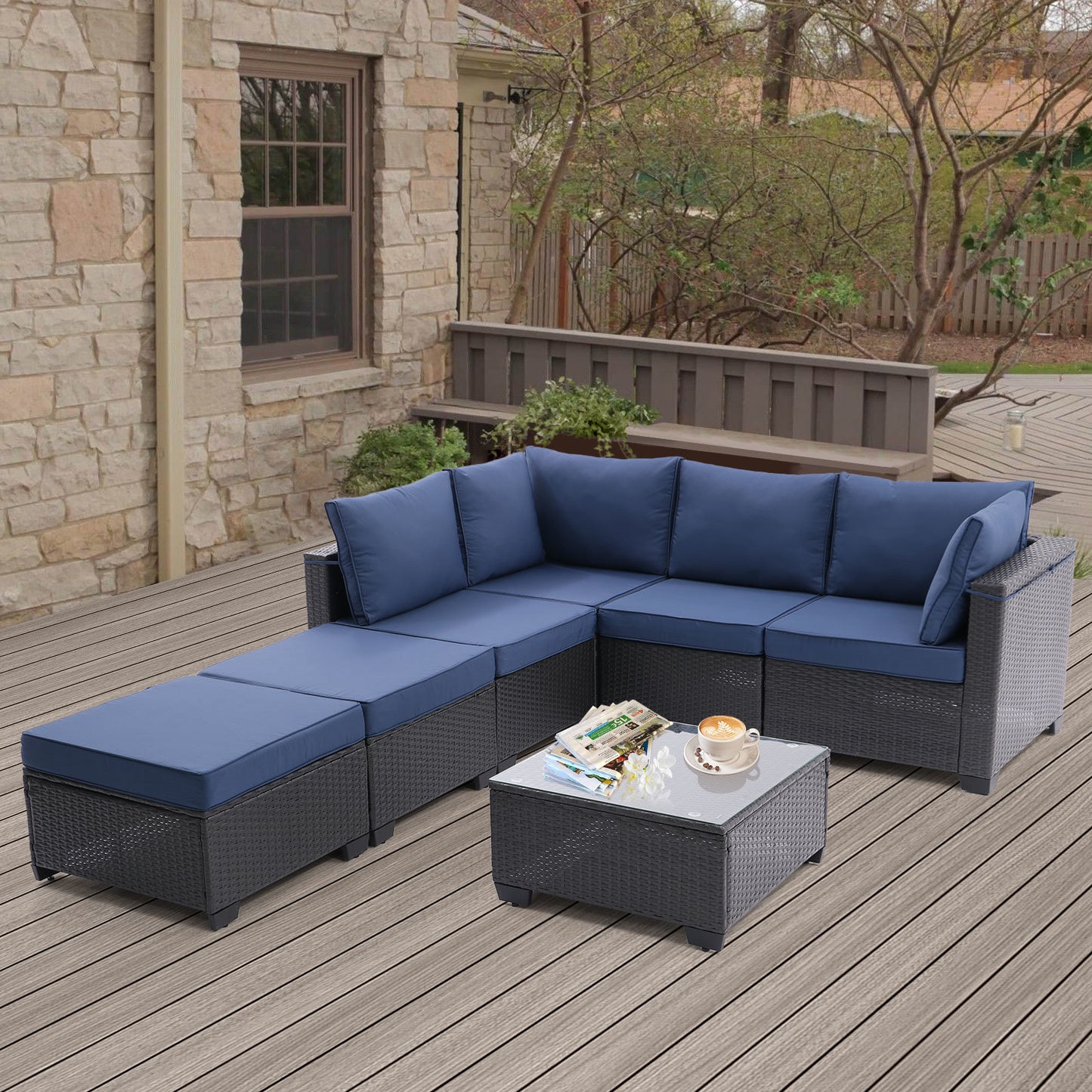 All-Weather Sectional Conversation Sofa with Corner Chairs, Ottomans, and Glass Top Table