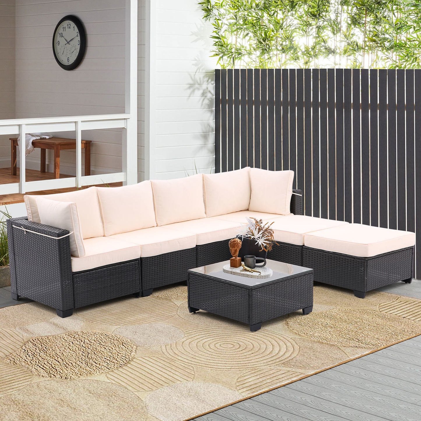 All-Weather Sectional Conversation Sofa with Corner Chairs, Ottomans, and Glass Top Table