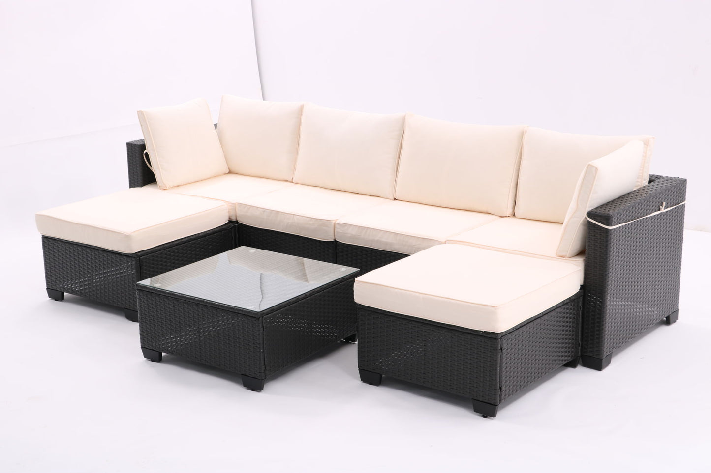 All-Weather Sectional Conversation Sofa with Corner Chairs, Ottomans, and Glass Top Table