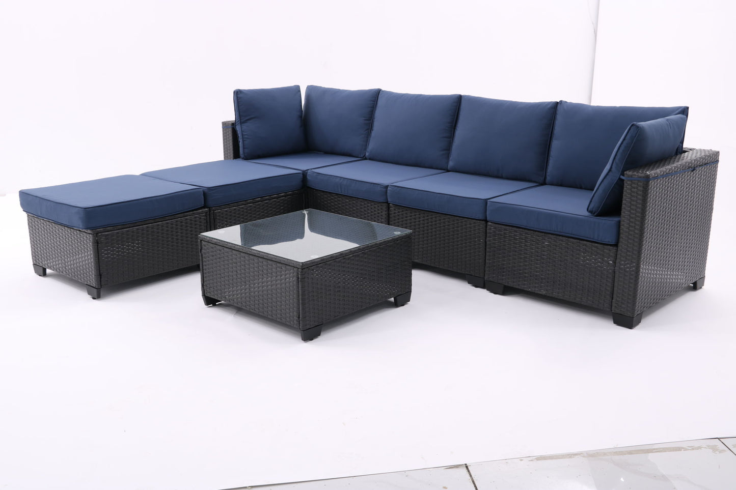 All-Weather Sectional Conversation Sofa with Corner Chairs, Ottomans, and Glass Top Table