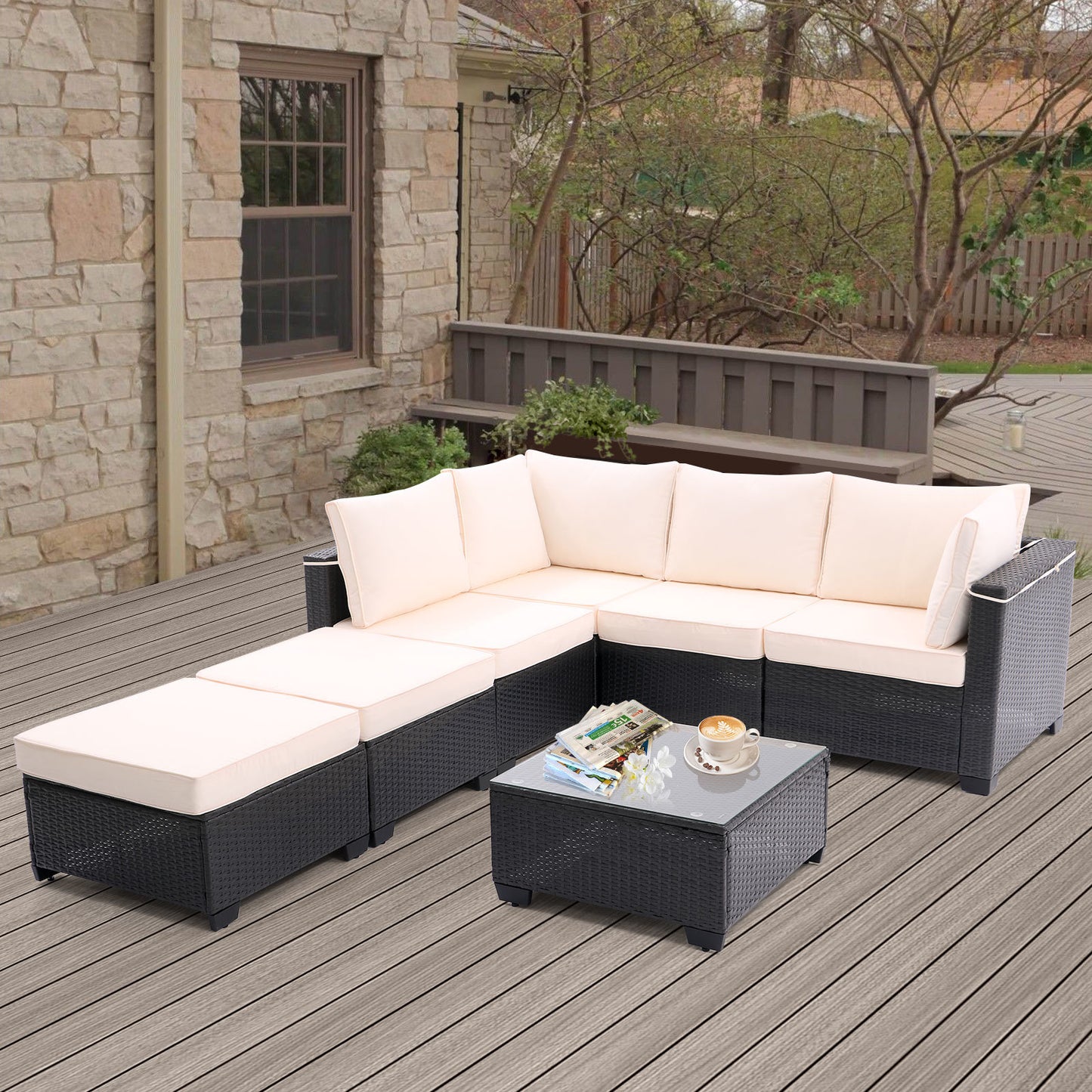 All-Weather Sectional Conversation Sofa with Corner Chairs, Ottomans, and Glass Top Table