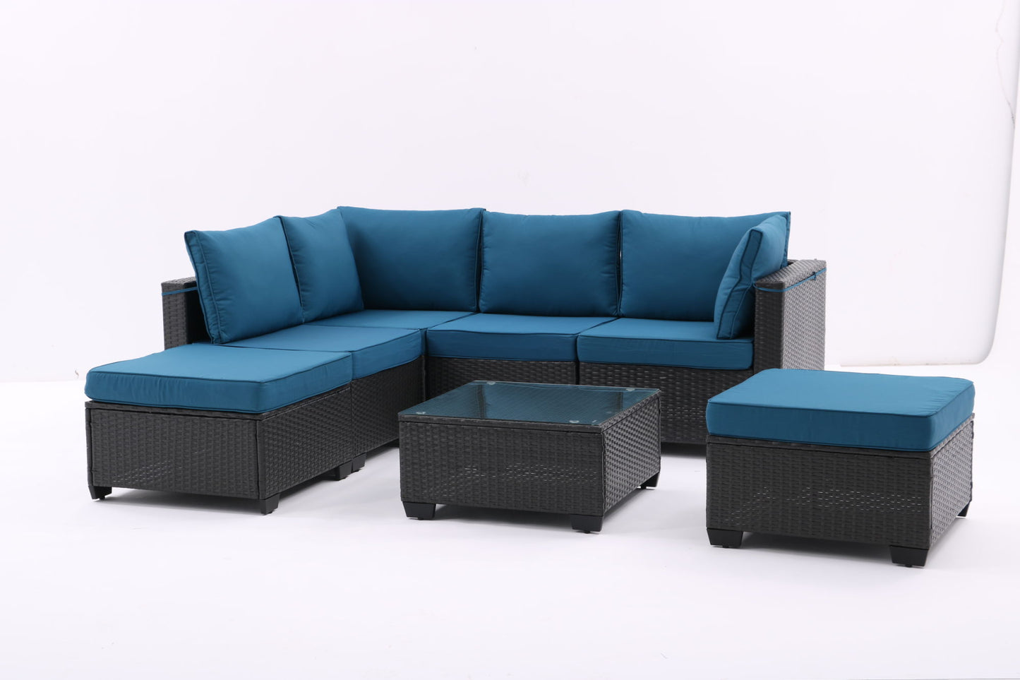 All-Weather Sectional Conversation Sofa with Corner Chairs, Ottomans, and Glass Top Table