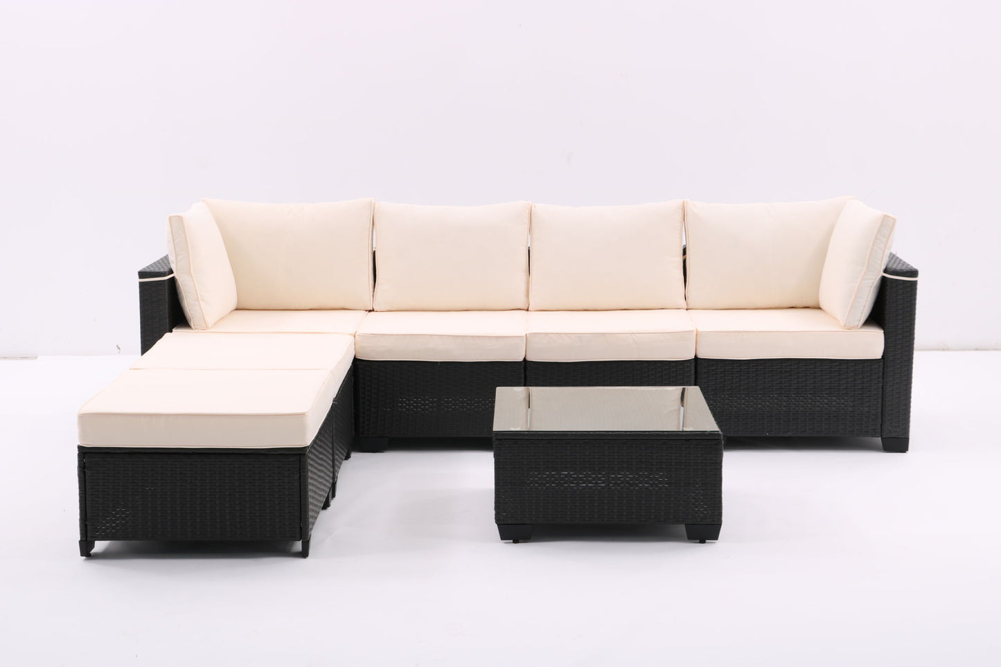 All-Weather Sectional Conversation Sofa with Corner Chairs, Ottomans, and Glass Top Table