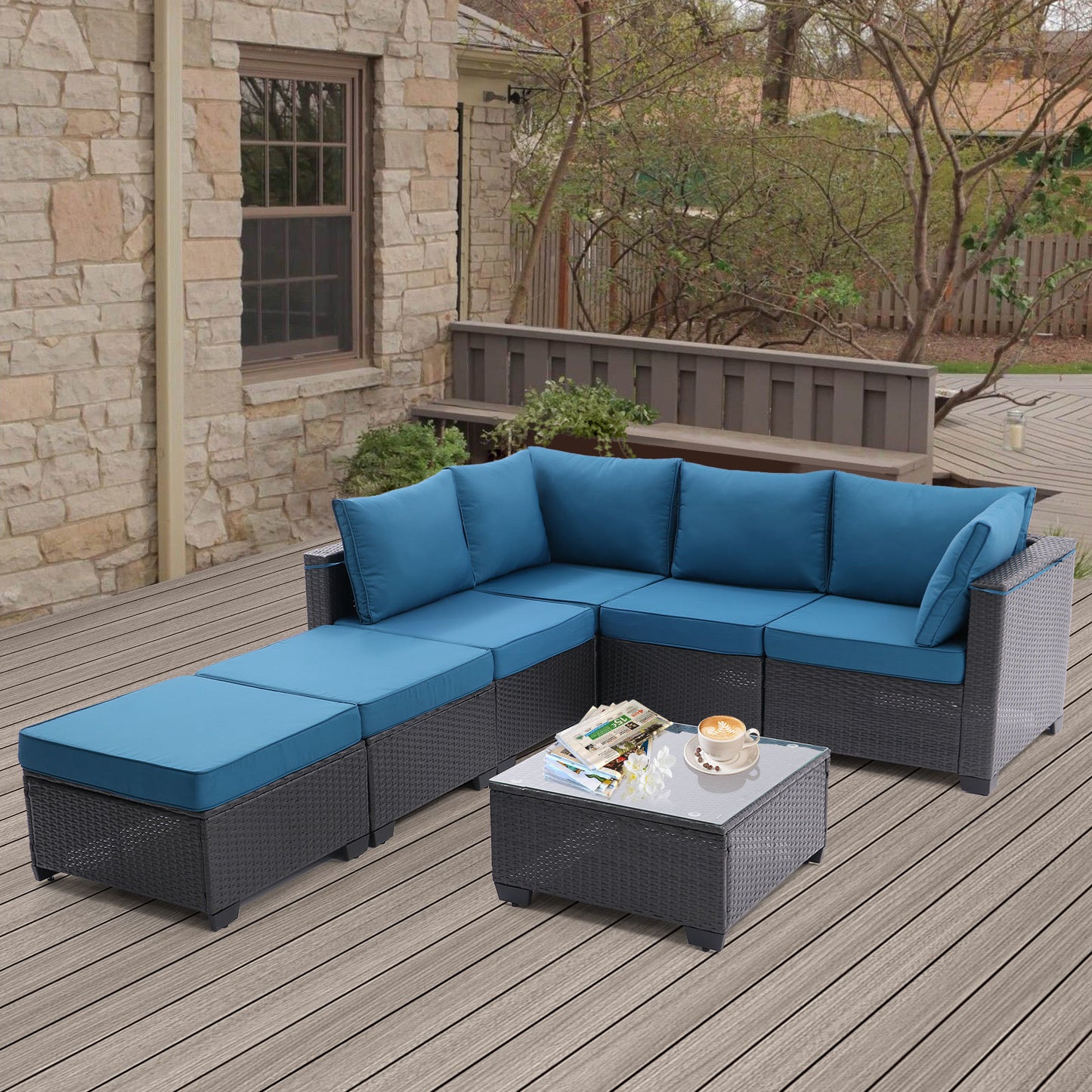 All-Weather Sectional Conversation Sofa with Corner Chairs, Ottomans, and Glass Top Table