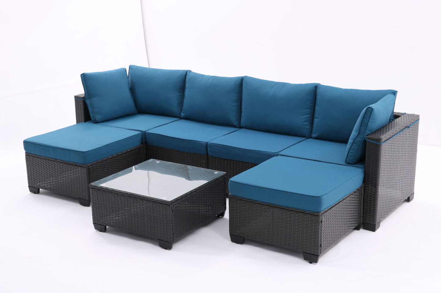 All-Weather Sectional Conversation Sofa with Corner Chairs, Ottomans, and Glass Top Table