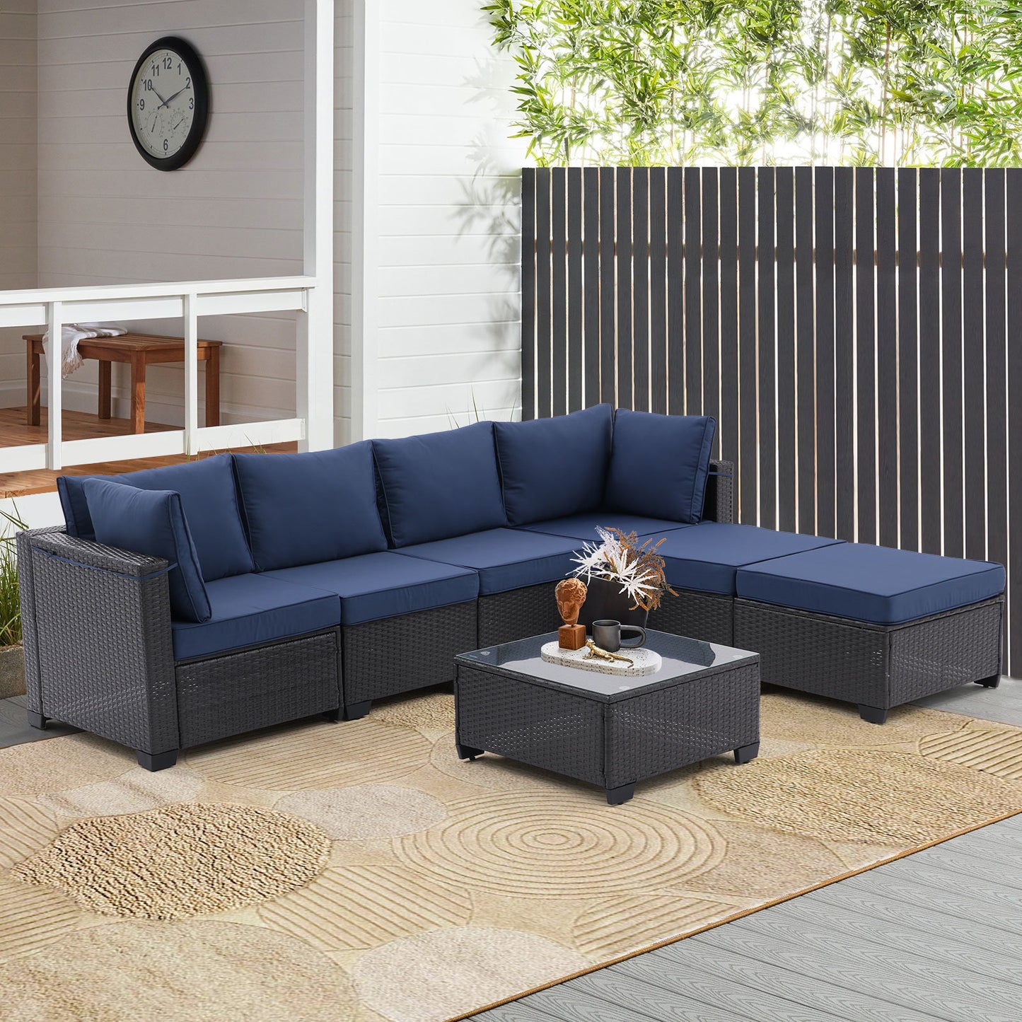 All-Weather Sectional Conversation Sofa with Corner Chairs, Ottomans, and Glass Top Table