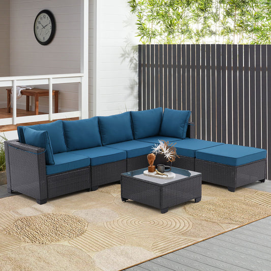 All-Weather Sectional Conversation Sofa with Corner Chairs, Ottomans, and Glass Top Table