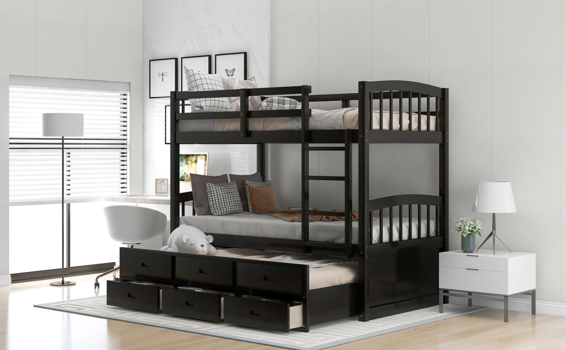 Kids Twin Bunk Bed with Trundle