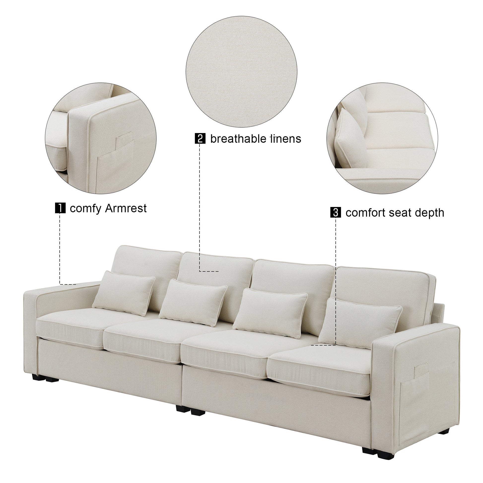 4-Seater Couch with Armrest Pockets